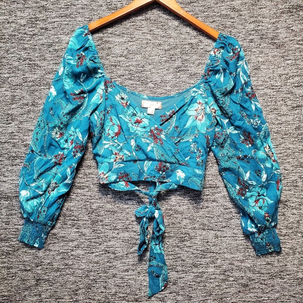 Band of the Free Sybille Crossover Crop Top Womens S Teal Floral Boho Festival